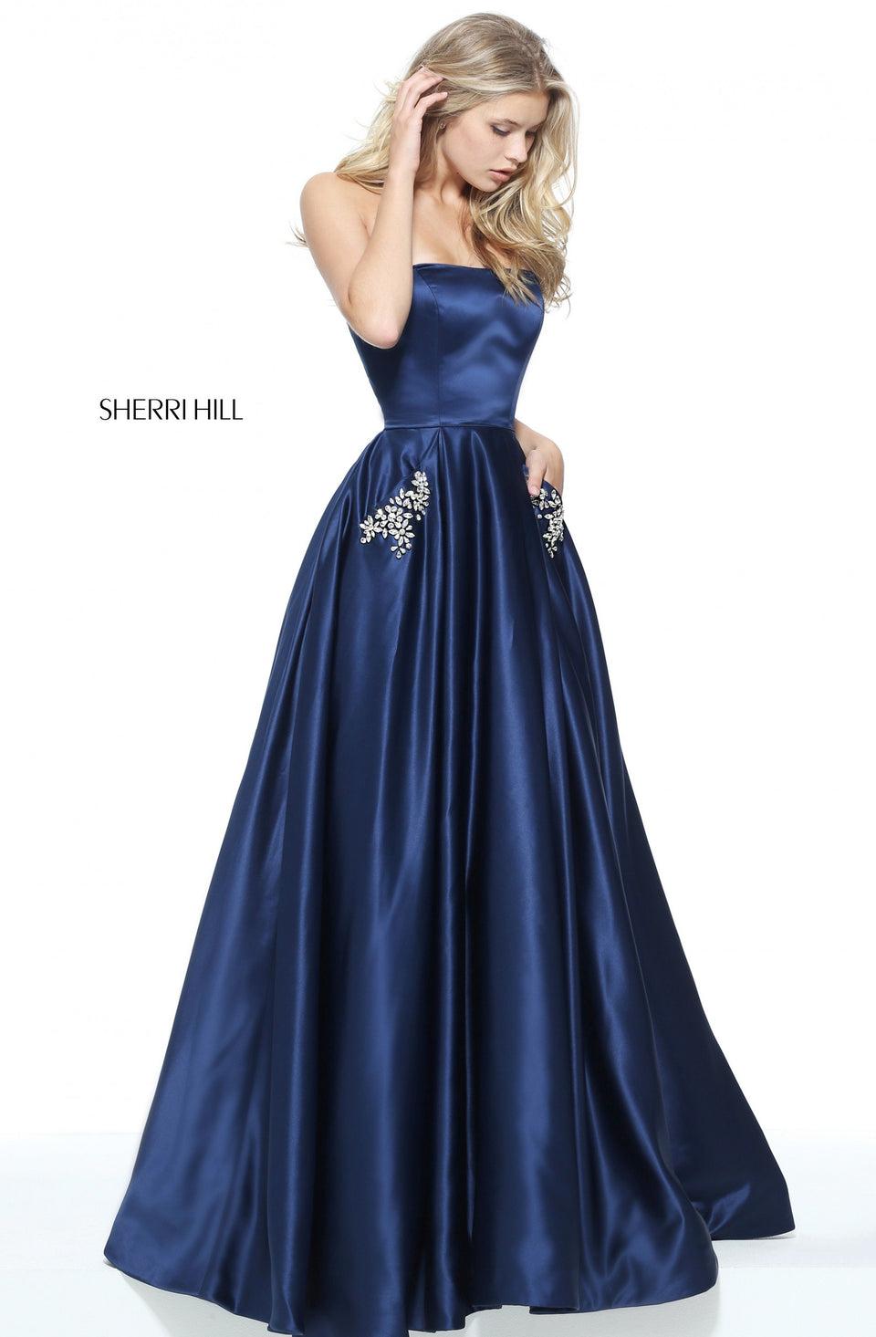 sherri hill Strapless satin ball gown with embellished pockets