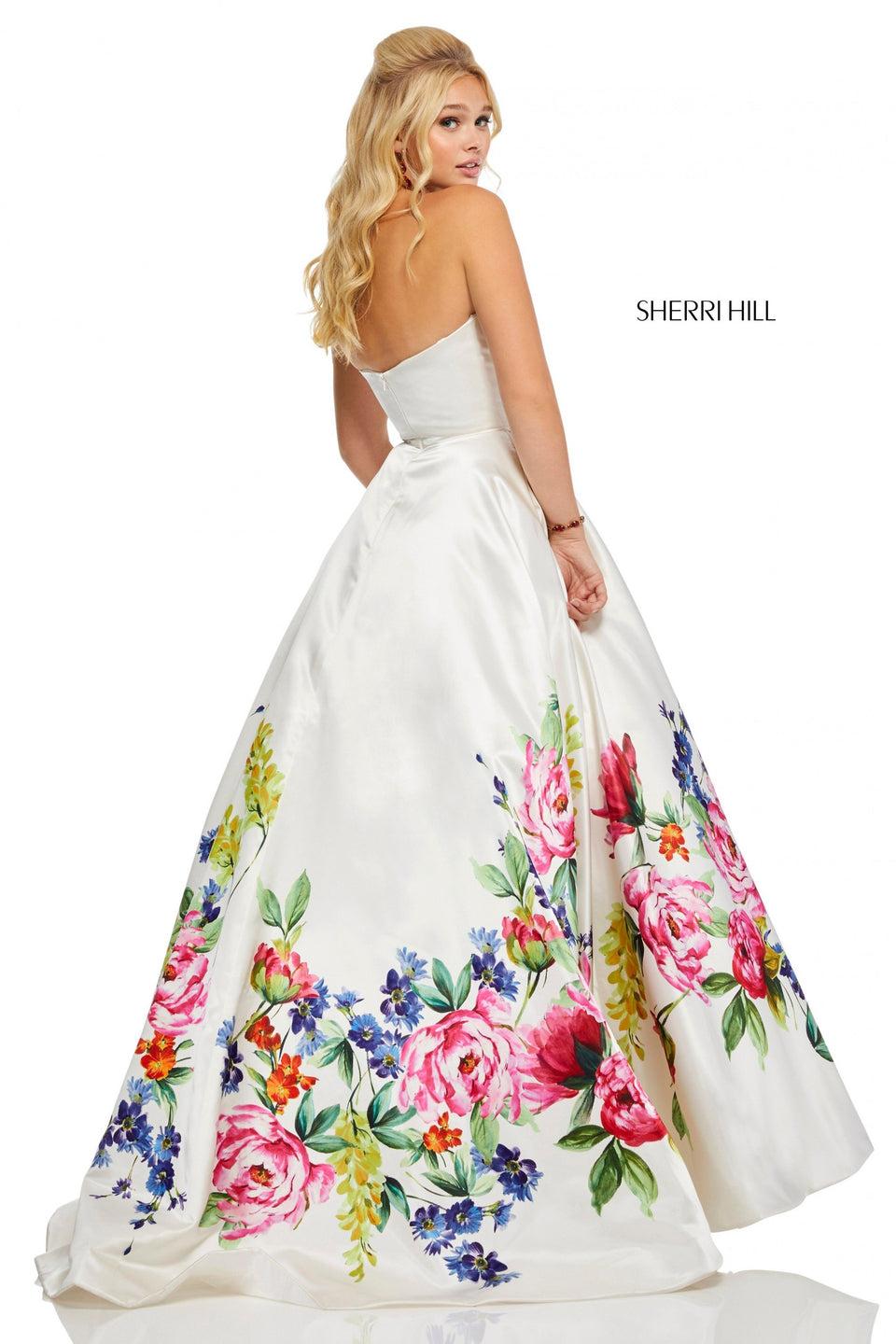 Sherri Hill Strapless Satin Ball Gown With Floral Print Border