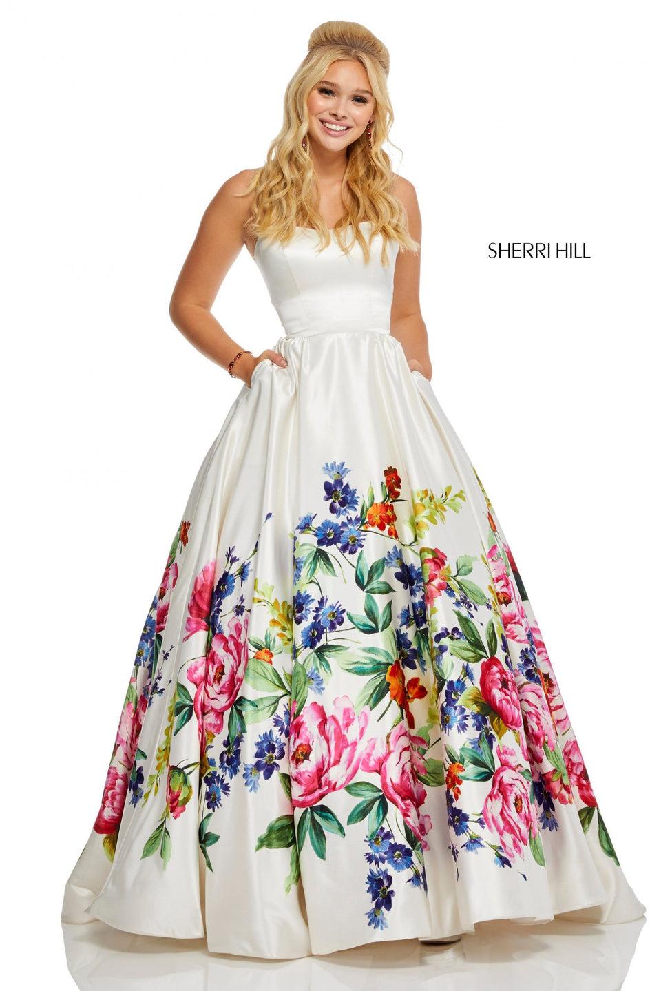 Sherri Hill Strapless Satin Ball Gown With Floral Print Border