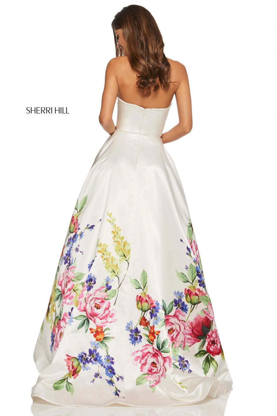 Sherri Hill Strapless Satin Ball Gown With Floral Print Border