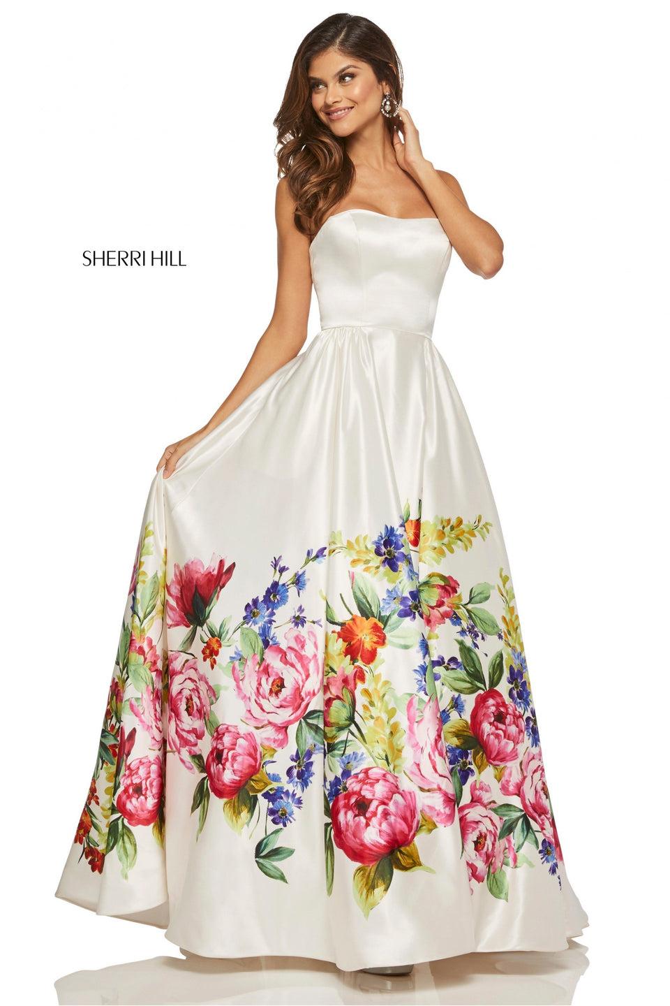 sherri hill Strapless satin ball gown with floral print border