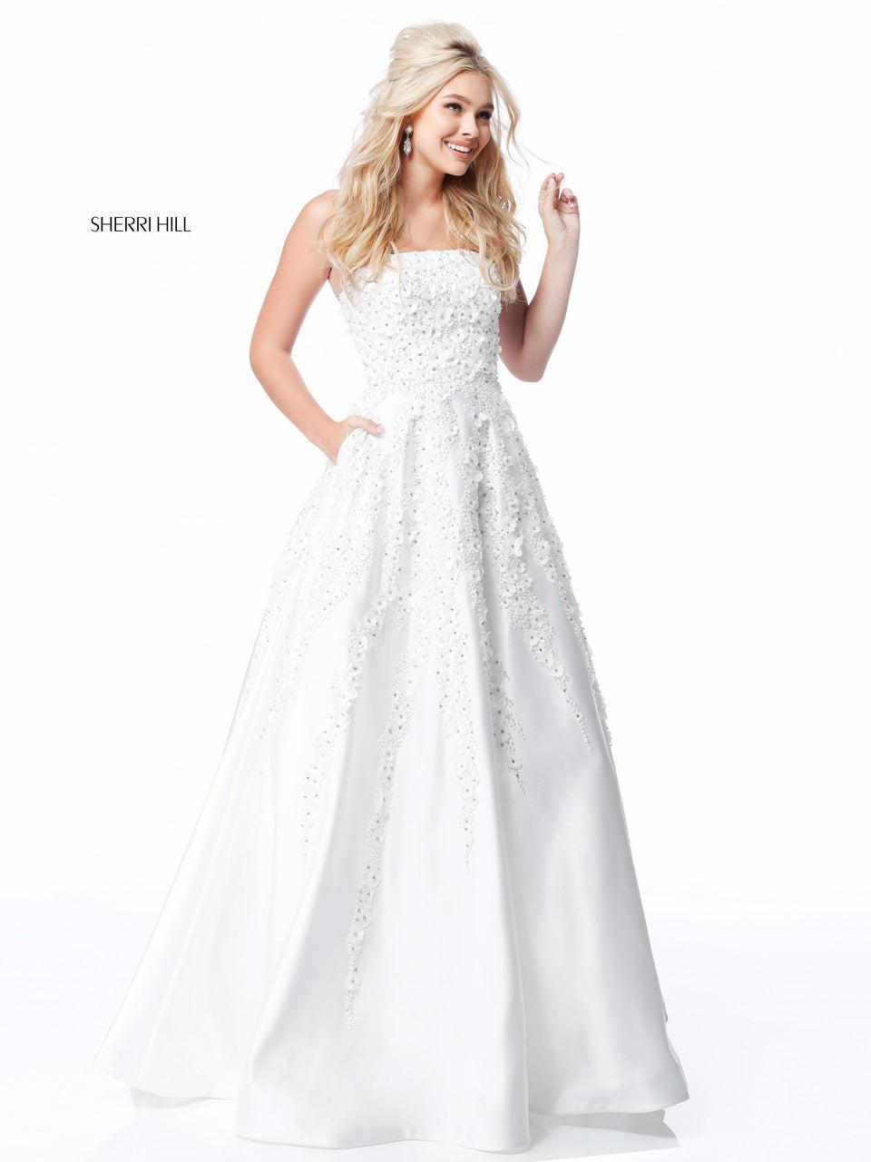 Sherri Hill Strapless Satin Ball Gown With Flower Appliques