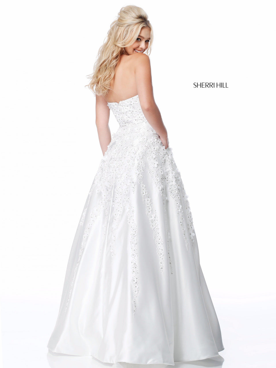 Sherri Hill Strapless Satin Ball Gown With Flower Appliques