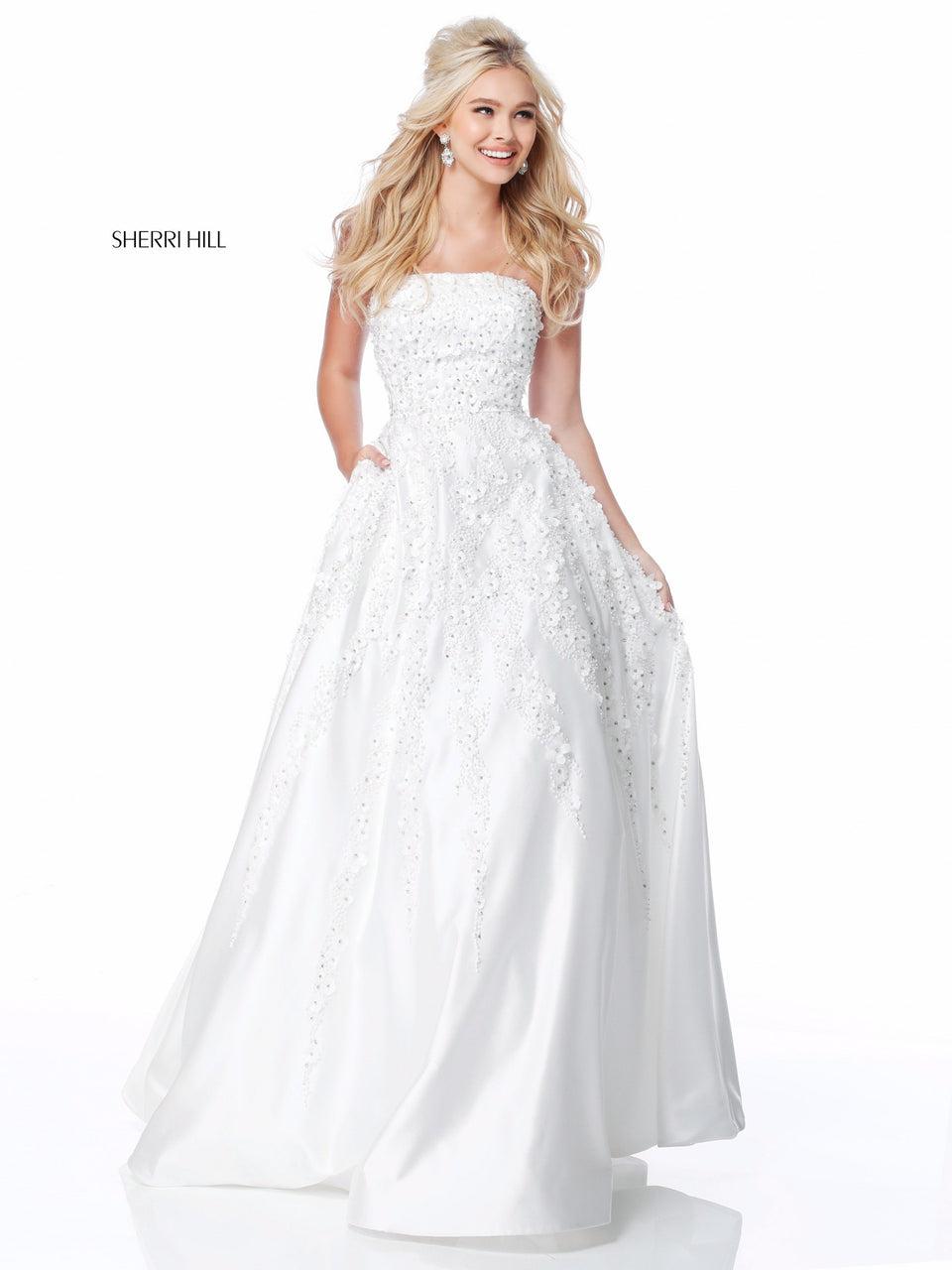 sherri hill Strapless satin ball gown with flower appliques