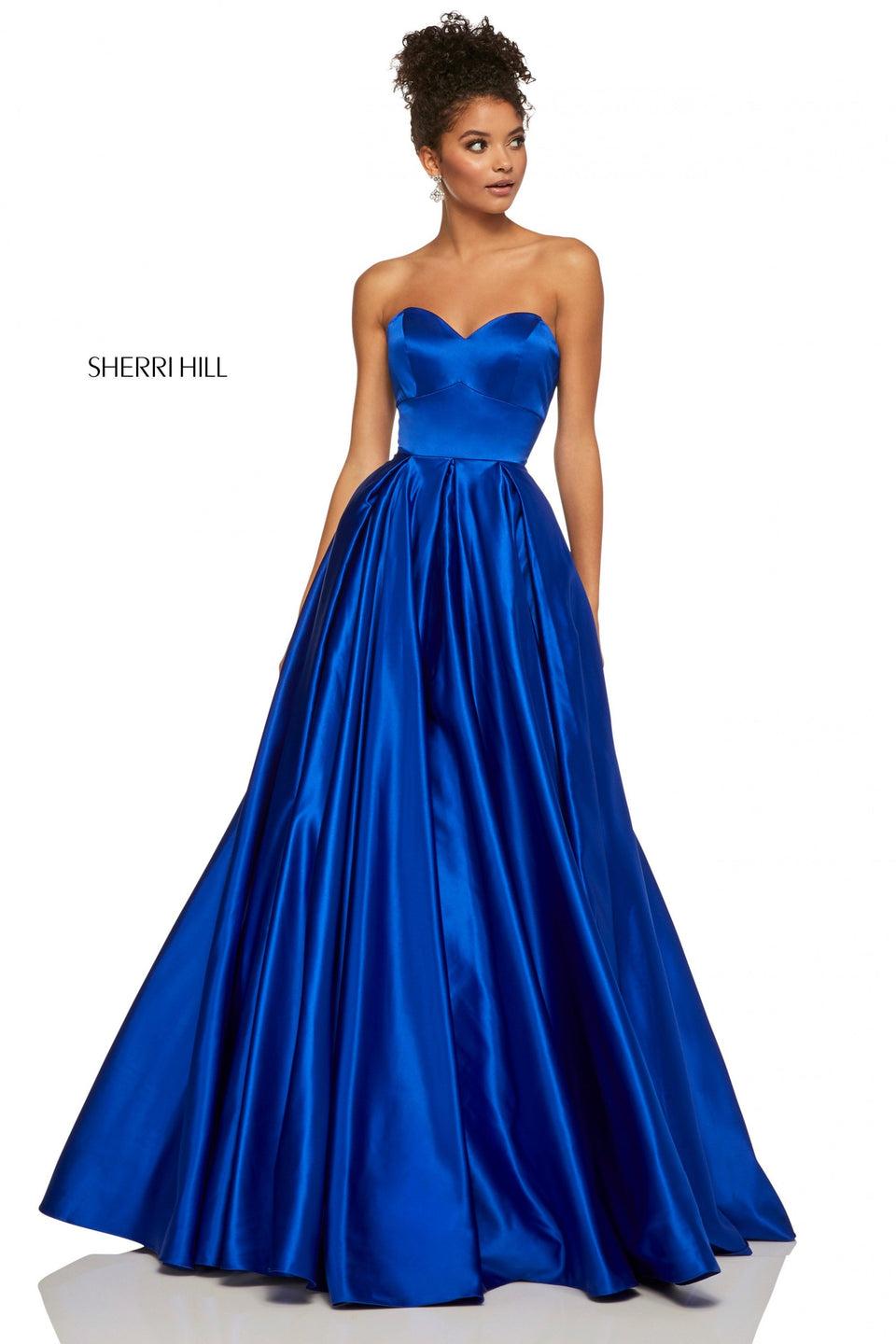 sherri hill Strapless satin ball gown with sweetheart neckline and a lace up back
