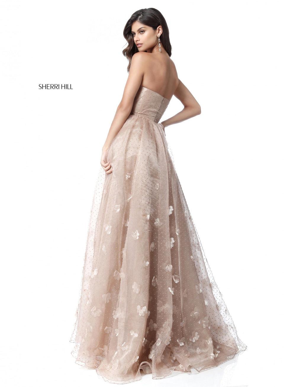Sherri Hill Strapless Satin Ball Gown With Tulle Flower Appliqued Overskirt