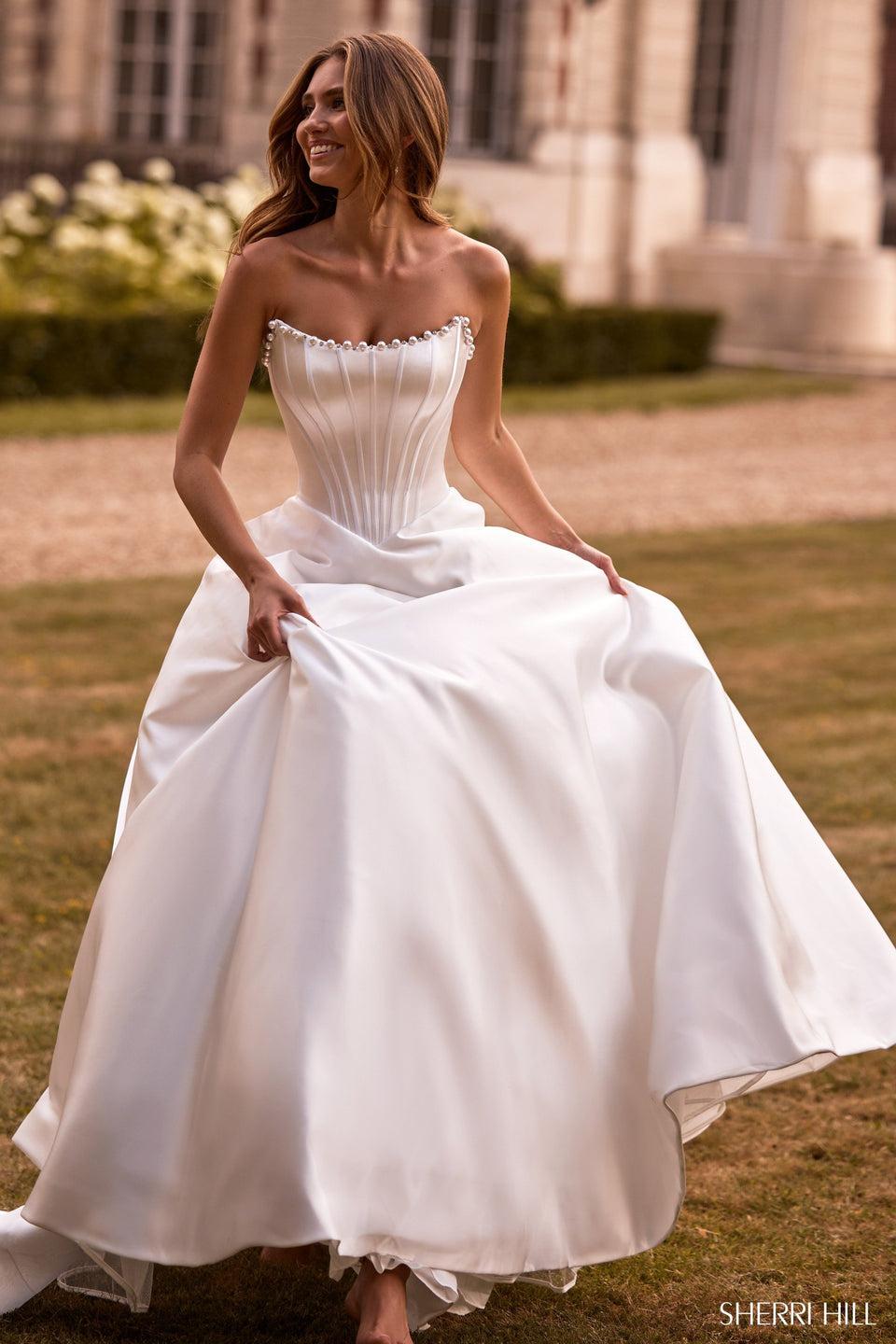 Sherri Hill Strapless Satin Ballgown With Corset Bodice And Pearl Embellishments