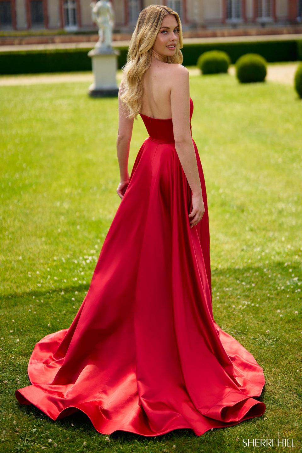 Sherri Hill Strapless Satin Ballgown With Skirt Slit And Sheer Sides