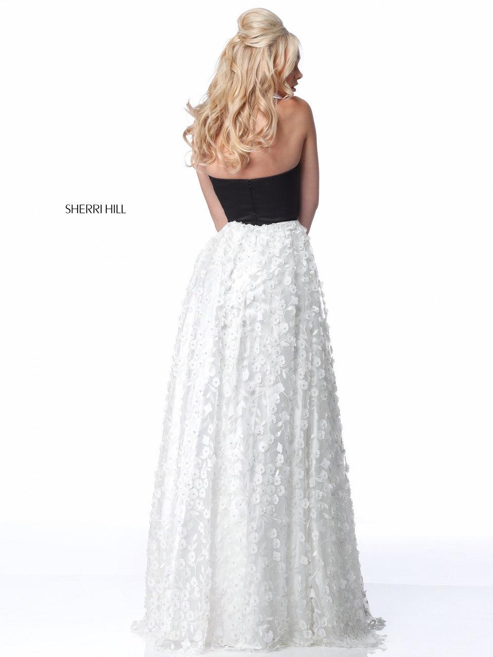 Sherri Hill Strapless Satin Bodice With Flower Appliqued Ball Gown Skirt