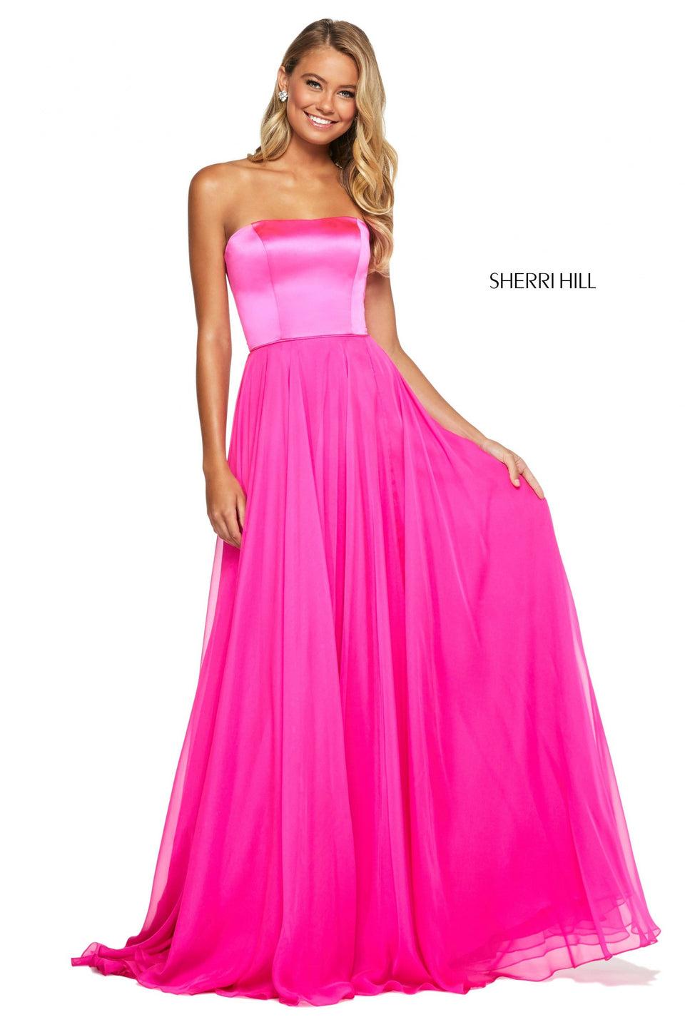 sherri hill Strapless satin bodice with lace up back and chiffon skirt