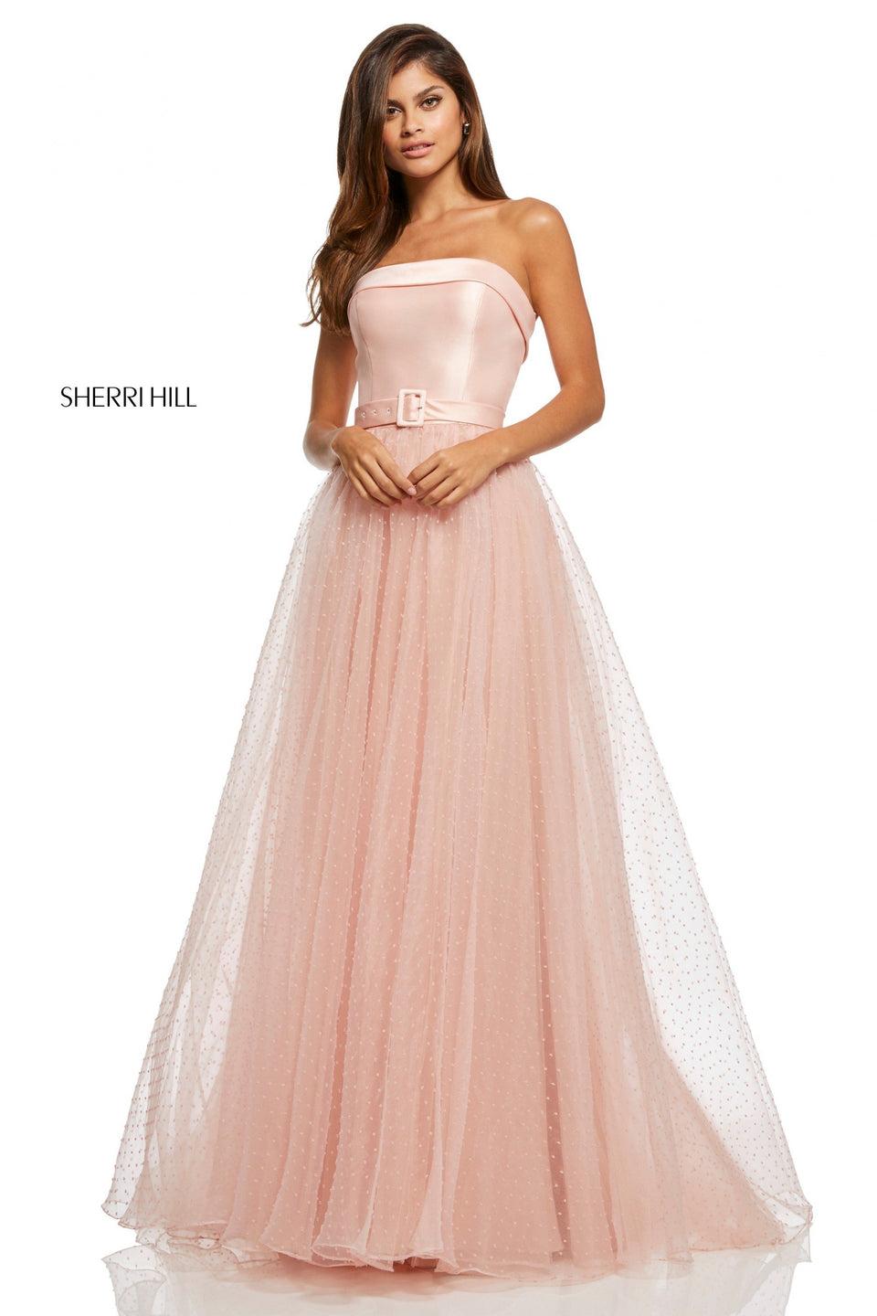 sherri hill Strapless satin bodice with point desprit A-line skirt and buckle belt