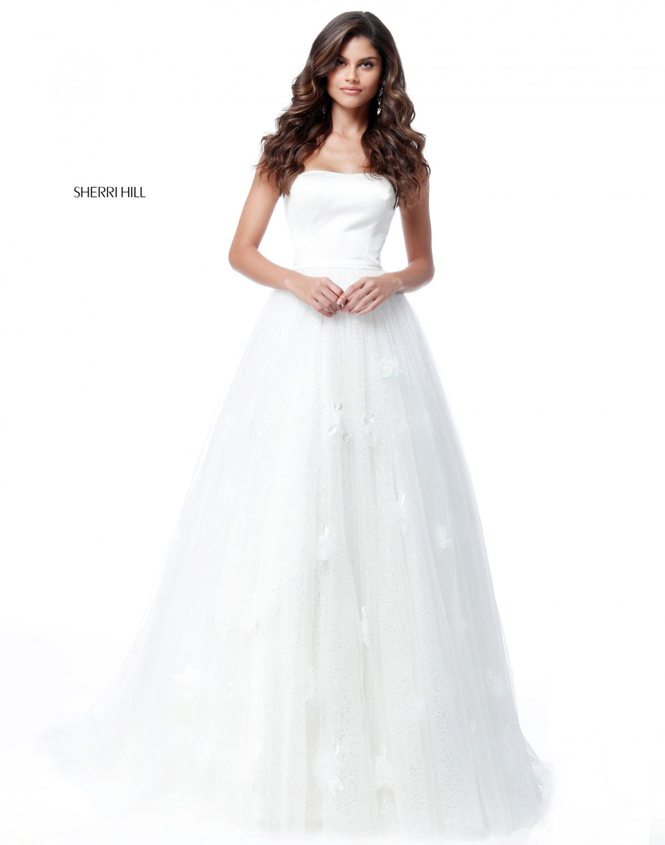 Sherri Hill Strapless Satin Bodice With Tulle Flower Appliqued Ball Gown Skirt