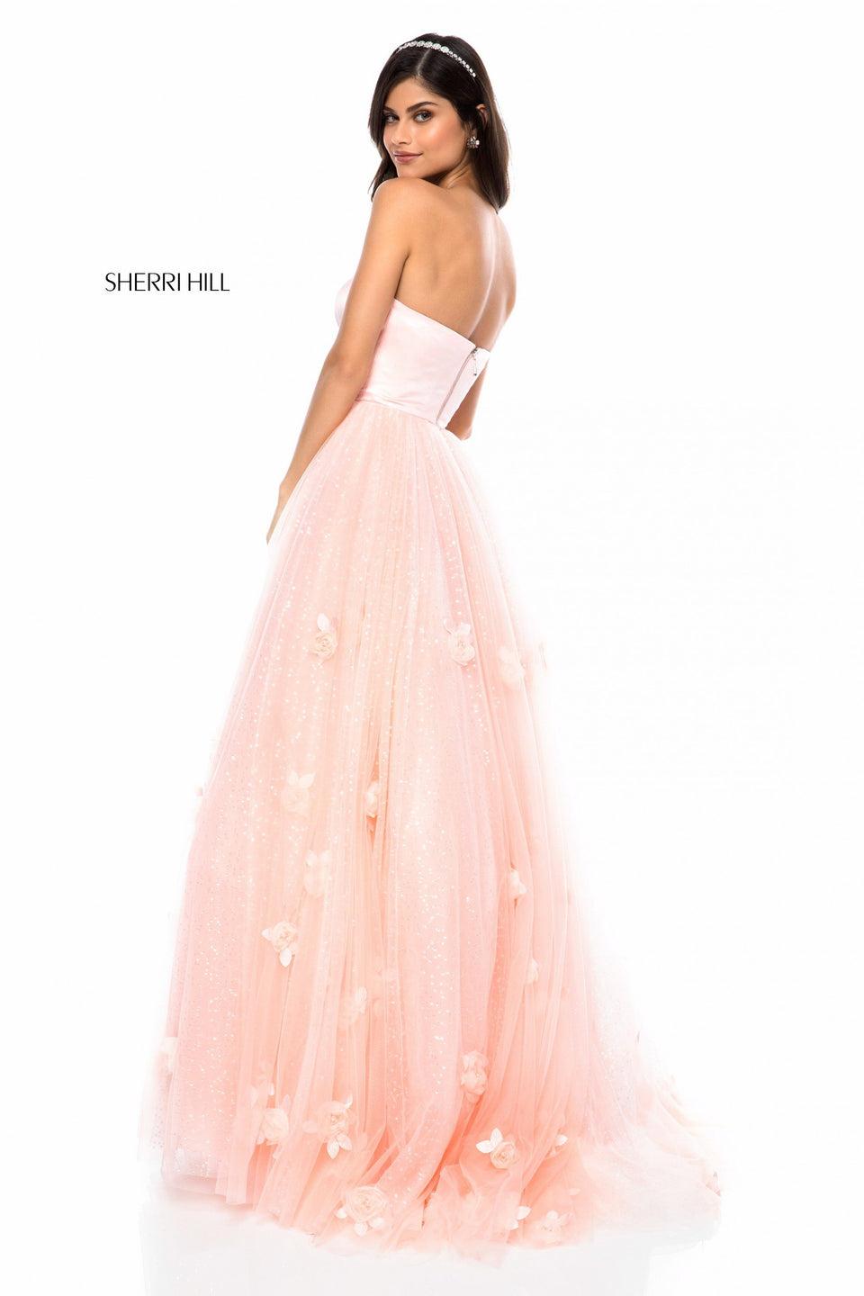 sherri hill Strapless satin bodice with tulle flower appliqued ball gown skirt