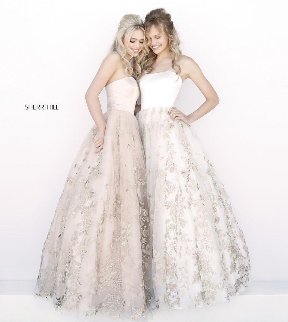 sherri hill Strapless satin bodice with tulle goldleaf appliqued ball gown skirt