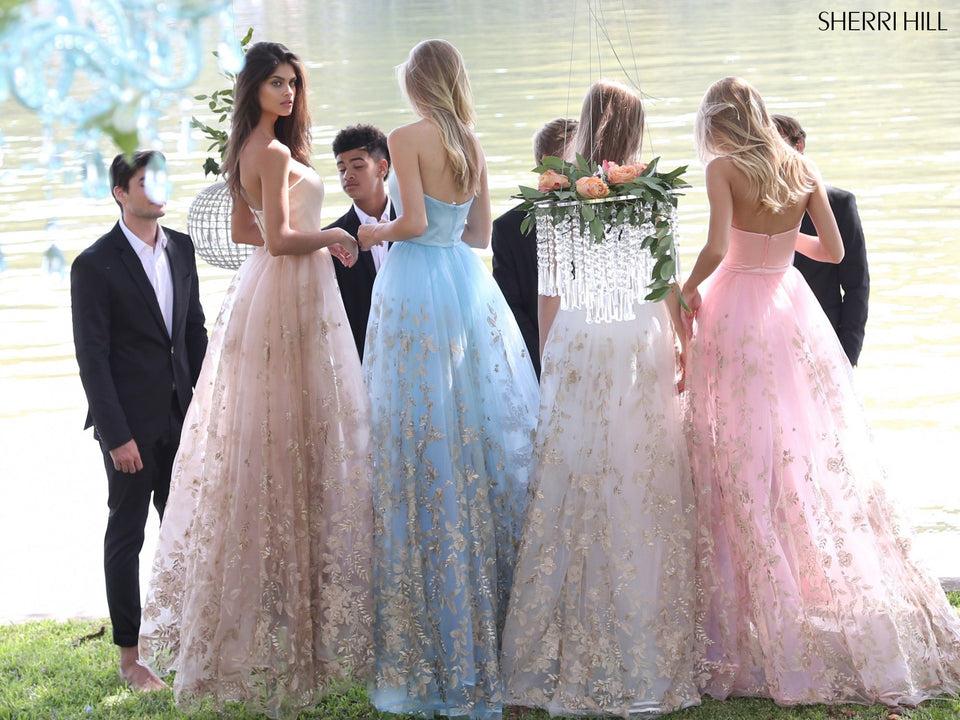 Sherri Hill Strapless Satin Column Gown With A Tulle And Gold Floral Applique Over Skirt