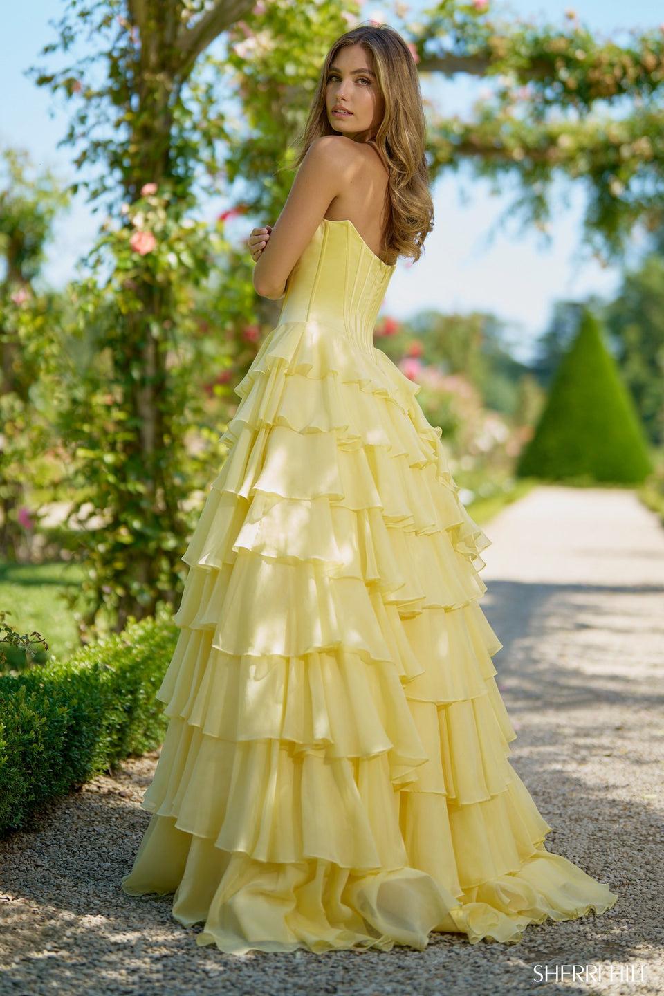 Sherri Hill Strapless Satin Corset Ball Gown With Chiffon Ruffle Skirt Slit