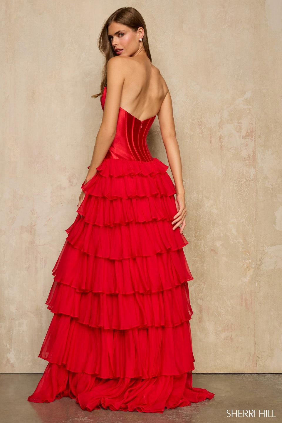 Sherri Hill Strapless Satin Corset Ball Gown With Ruffle Skirt Slit