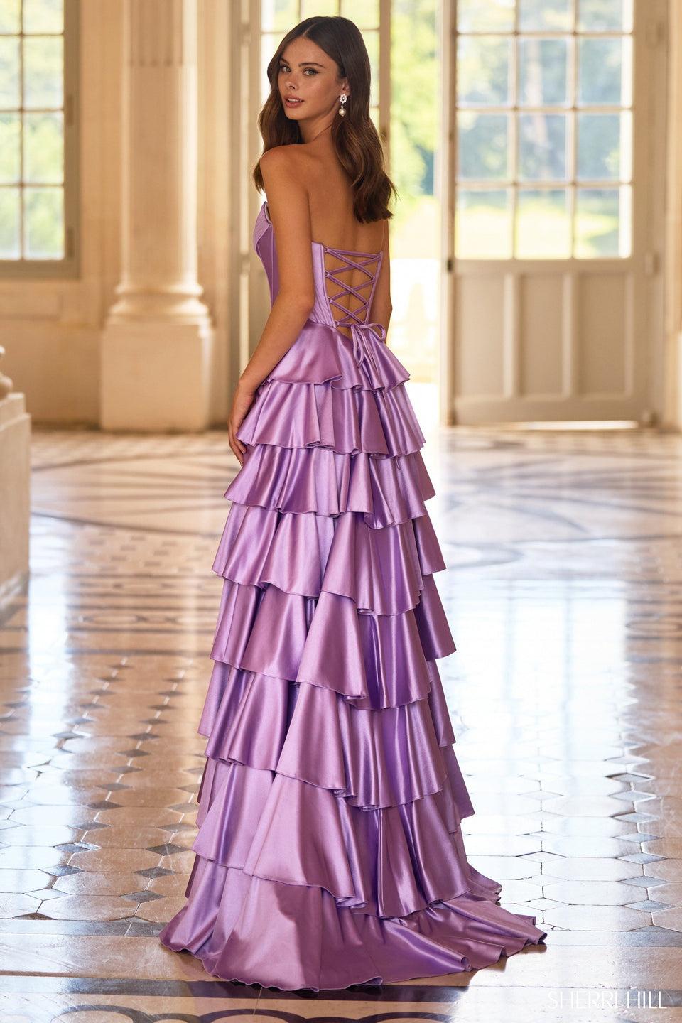 Sherri Hill Strapless Satin Dress With Corset Bodice Ruffle Skirt With A Slit