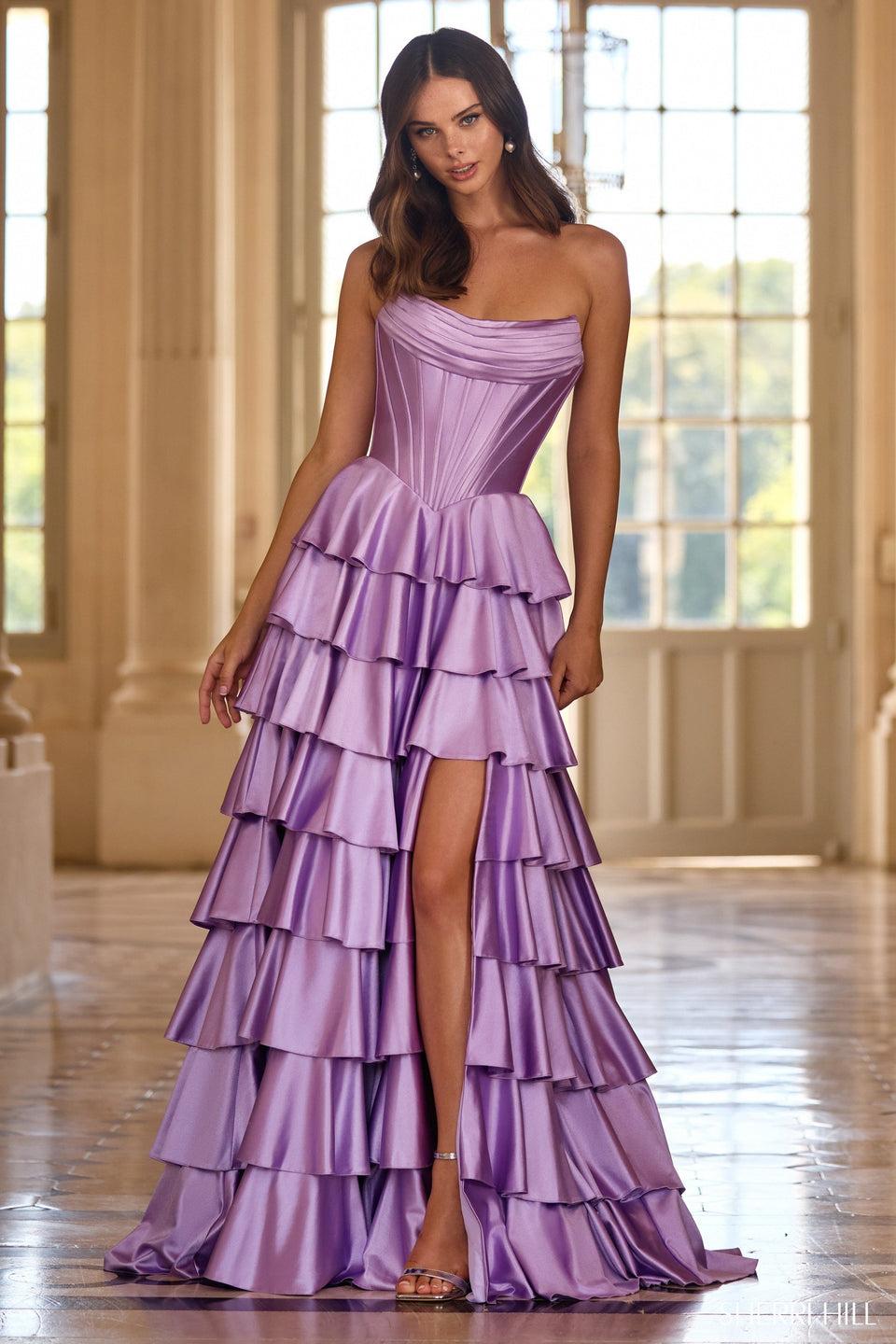sherri hill Strapless satin dress with corset bodice ruffle skirt with a slit