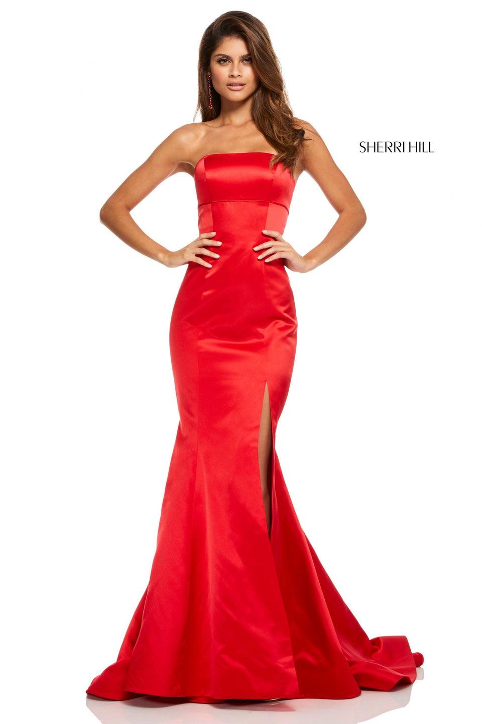 sherri hill Strapless satin mermaid with skirt slit sherri hill Strapless satin mermaid with skirt slit