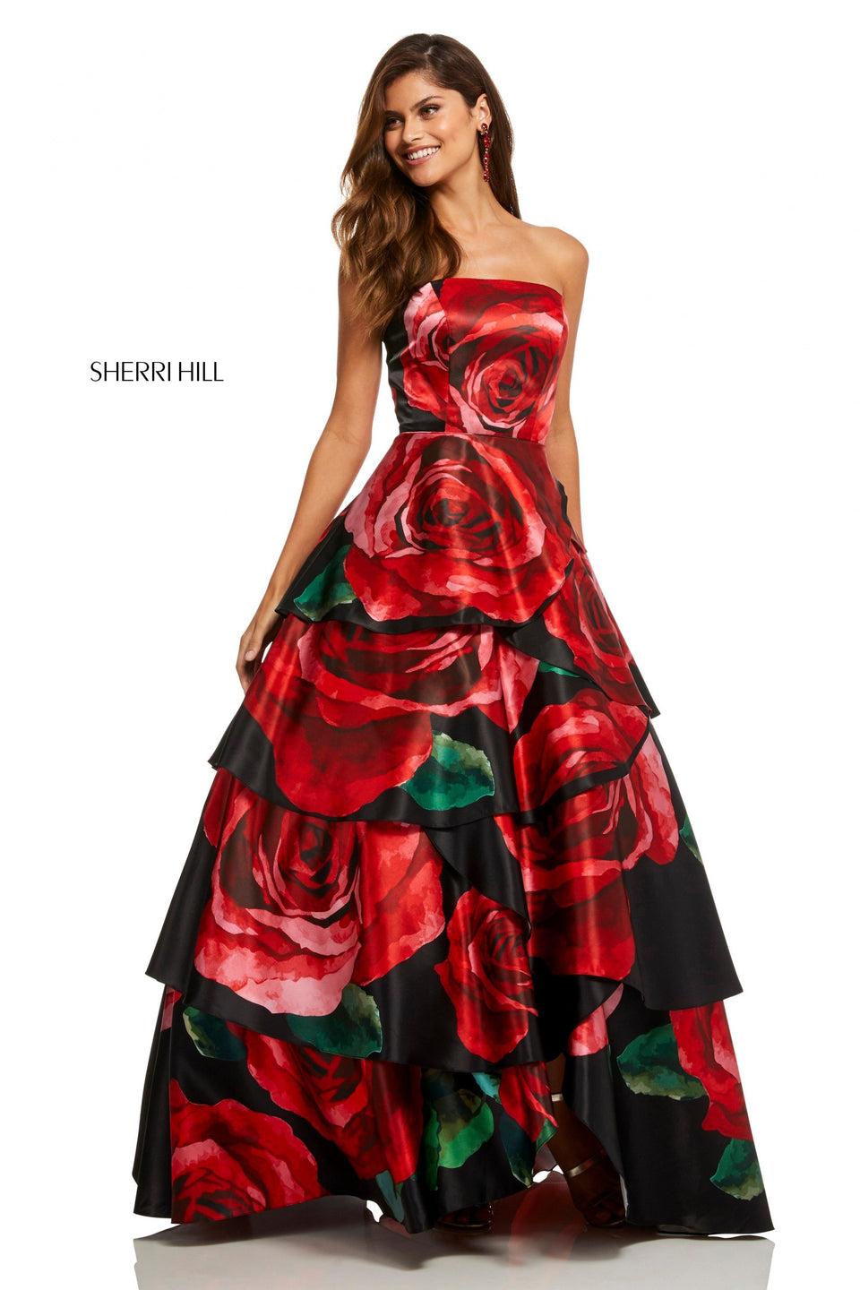 sherri hill Strapless satin rose print layered ball gown skirt