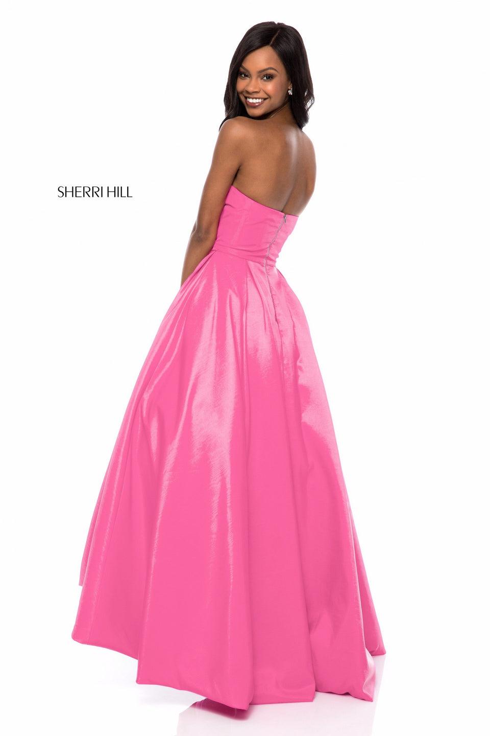 Sherri Hill Strapless Satin Tea Length Ball Gown With Bead Detail On Pockets