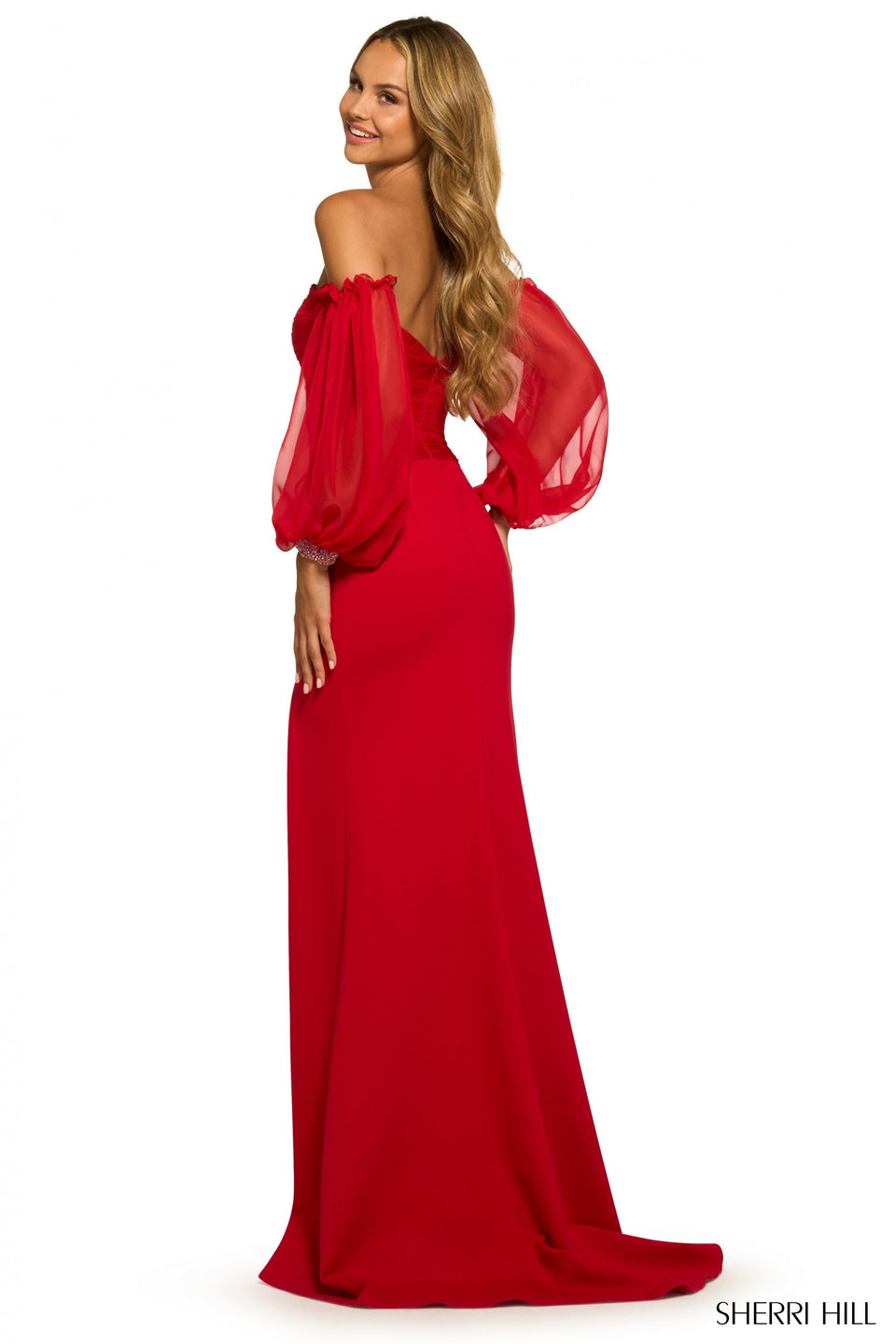 Sherri Hill Strapless Scuba Gown With Ruched Chiffon Bodice Cut Outs Detachable Sleeves Beaded Embellishments And High Slit