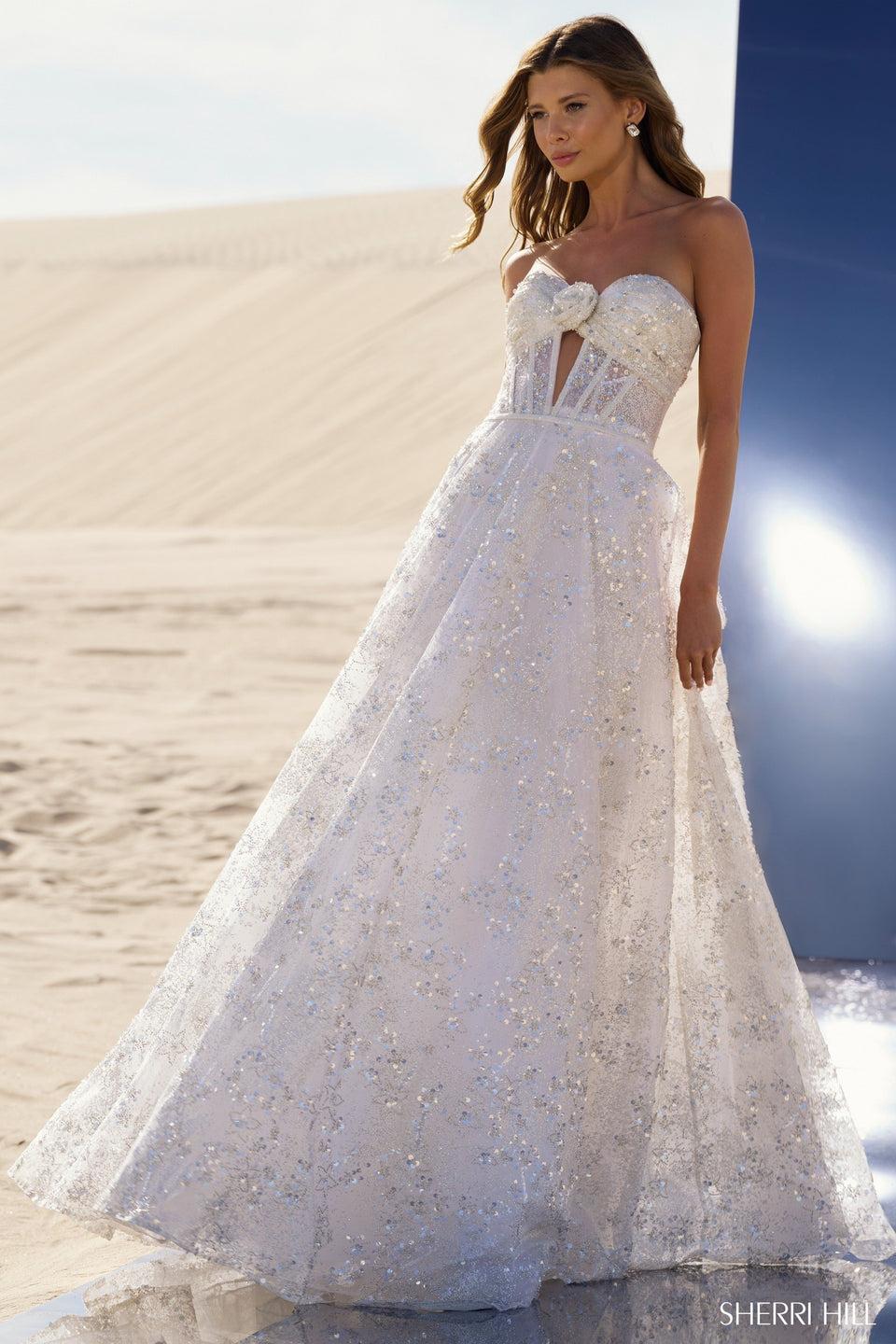 Sherri Hill Strapless Sequin Ball Gown With Sheer Key Hole On Bodice