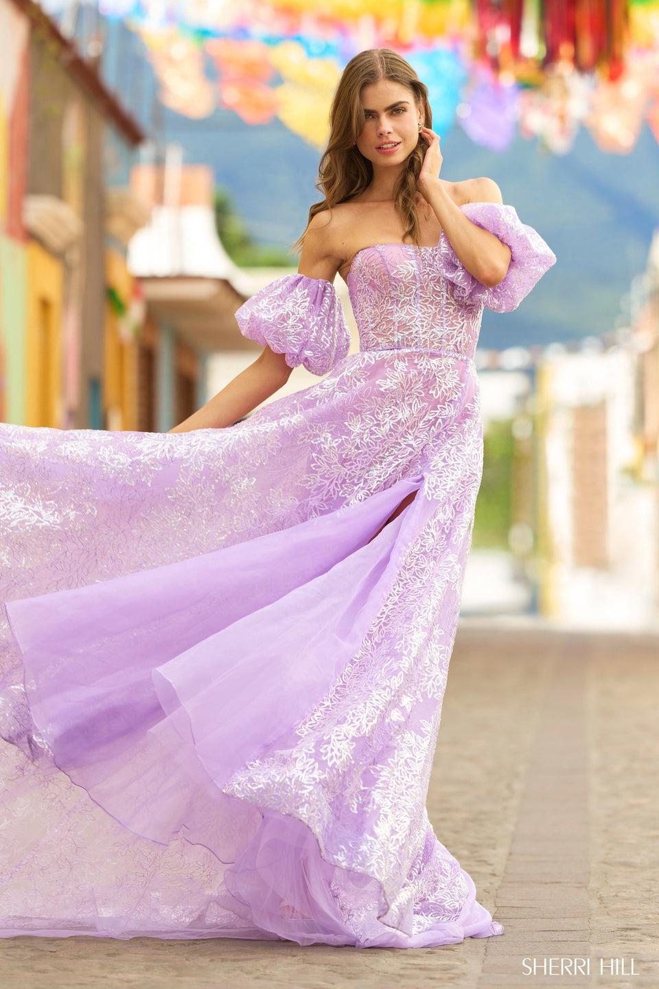 Sherri Hill Strapless Sequin Lace Ballgown With Corset Top Detachable Balloon Sleeves And Slit