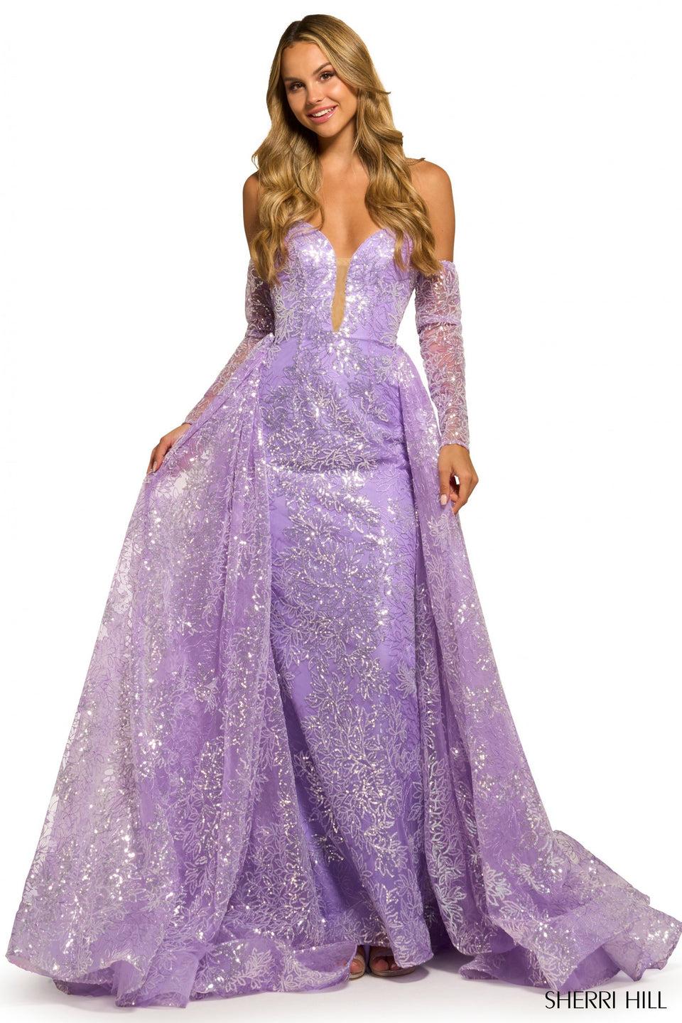 sherri hill Strapless sequin lace fitted gown with detachable skirt and deep V illusion neckline