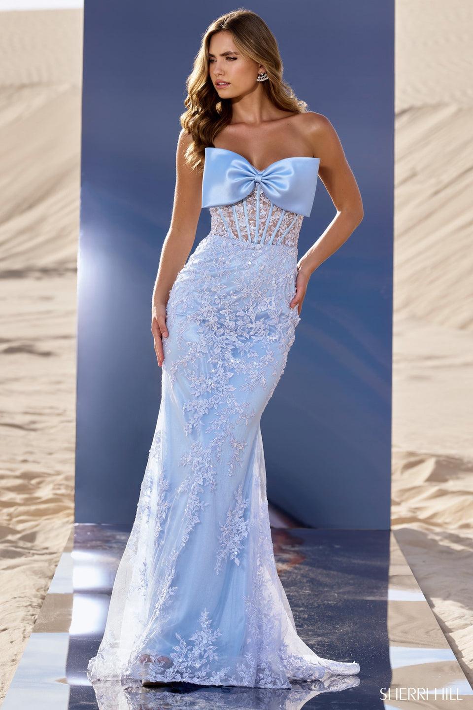 sherri hill Strapless sequin lace gown with taffeta bow on neckline
