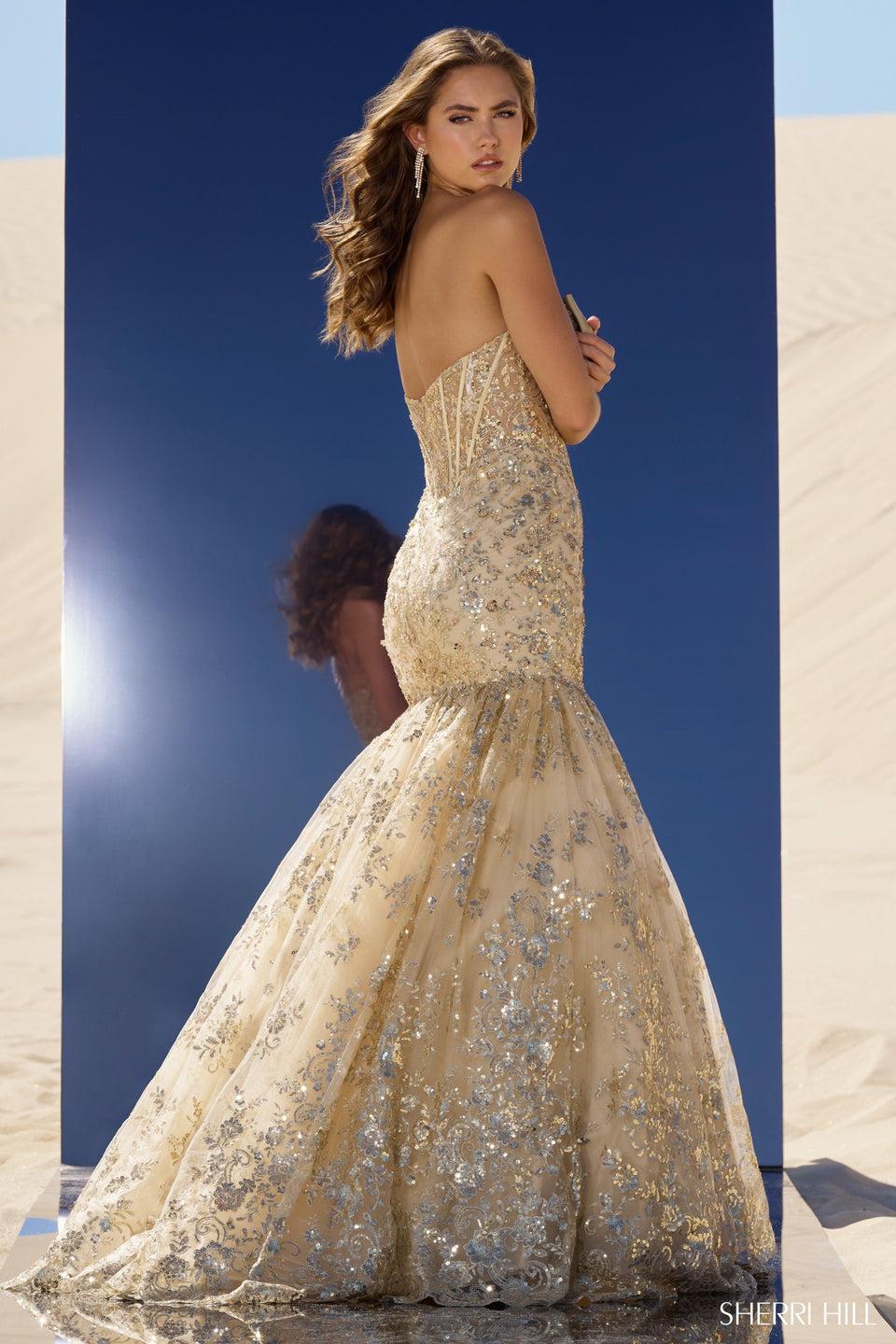 Sherri Hill Strapless Sequin Mermaid Gown With Sheer Key Hole Bodice