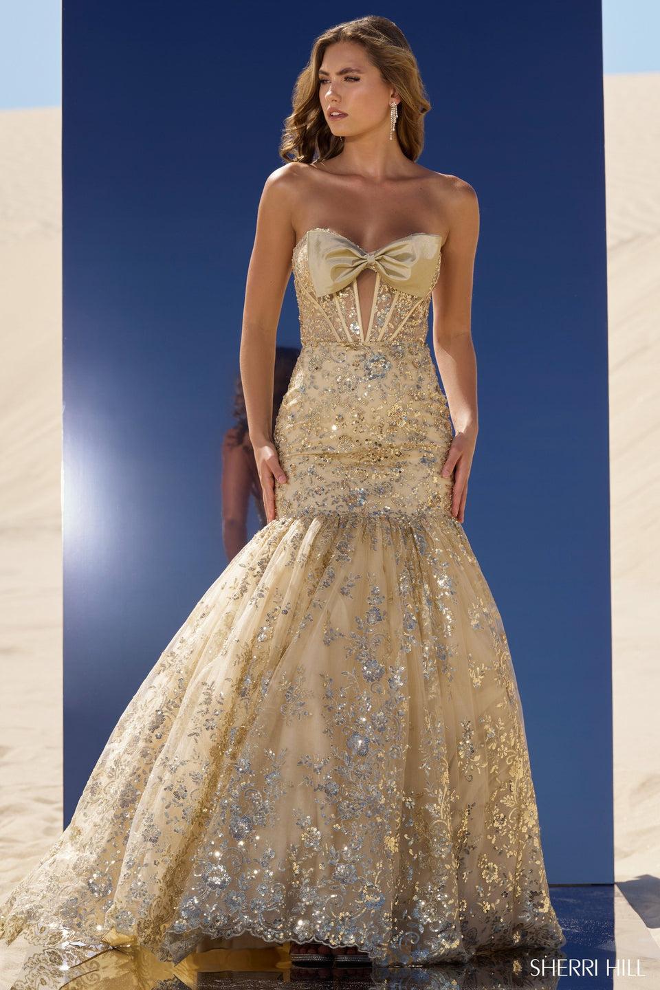 sherri hill Strapless sequin mermaid gown with sheer key hole bodice