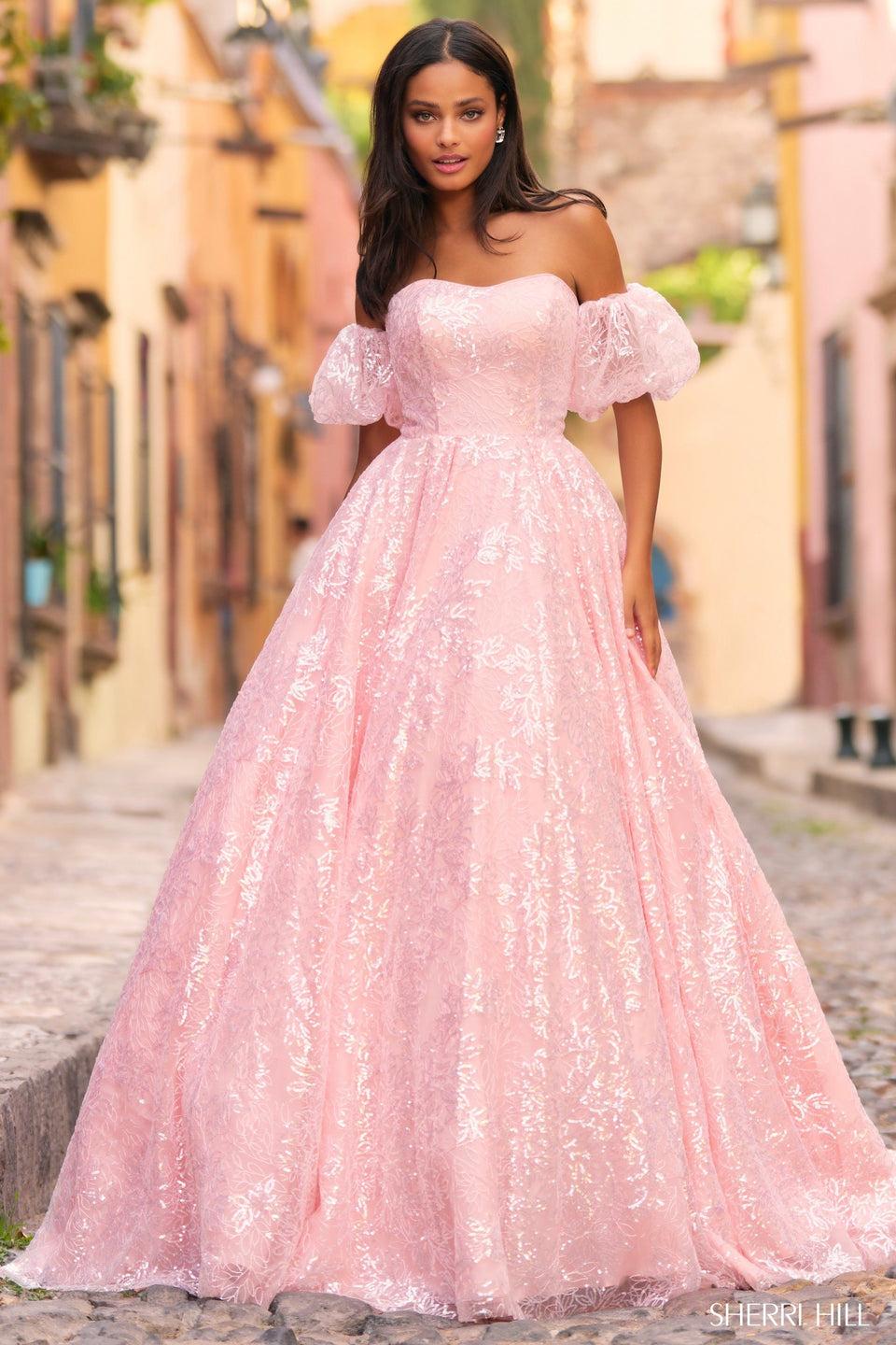 Sherri Hill Strapless Sequin Tulle Ballgown With Removable Ballon Sleeves