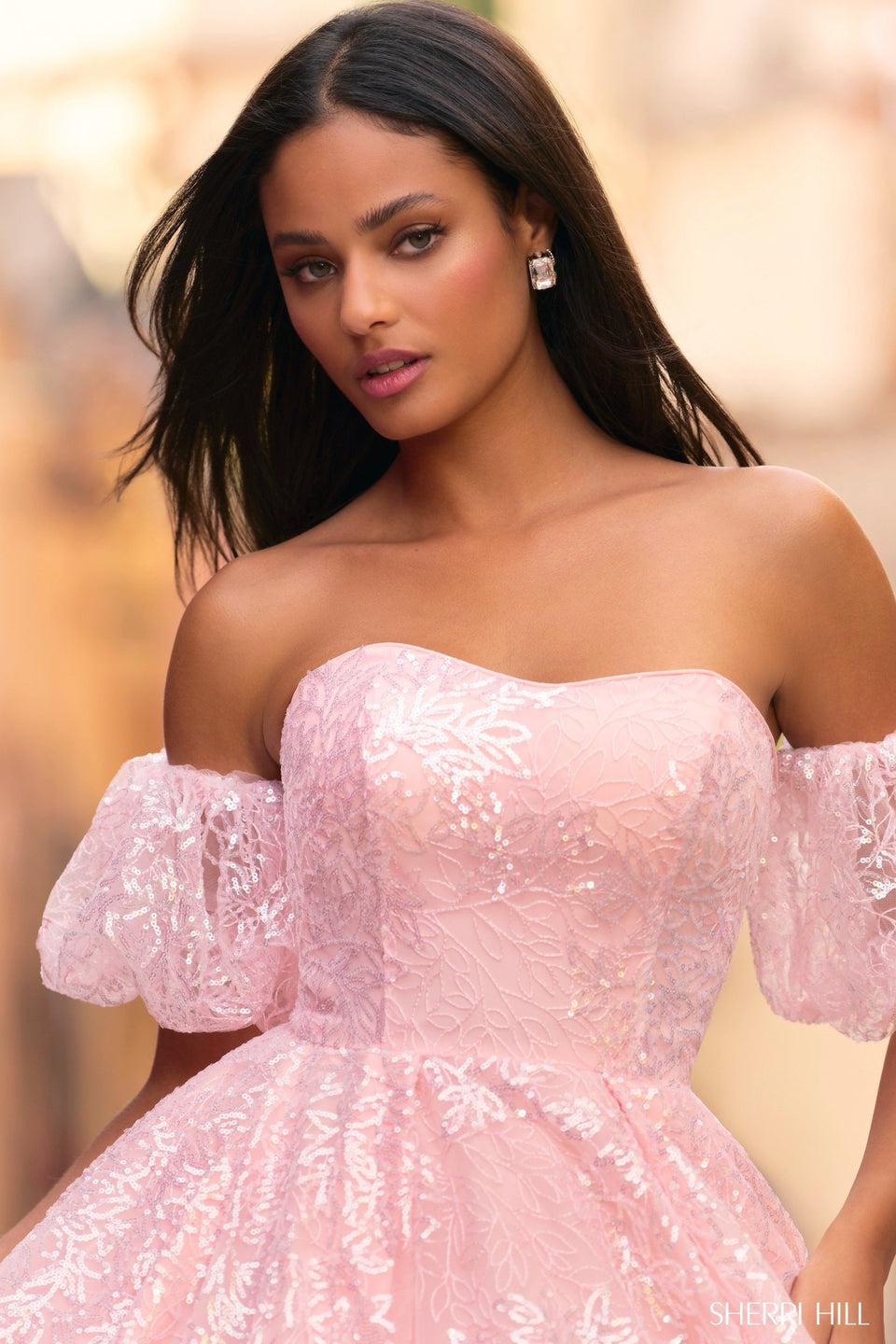 Sherri Hill Strapless Sequin Tulle Ballgown With Removable Ballon Sleeves