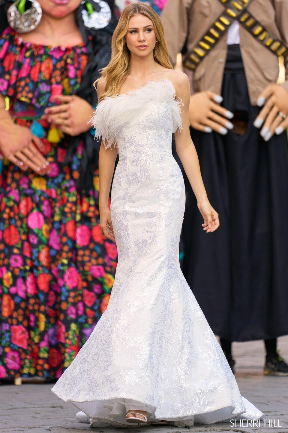 sherri hill Strapless sequin tulle mermaid with feathered trim at the top