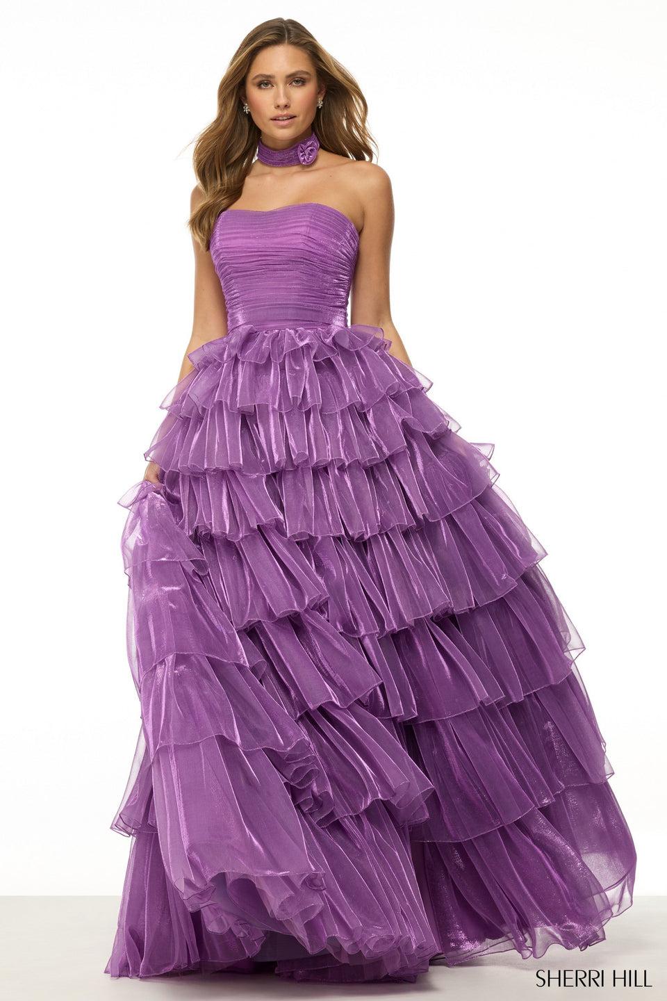 sherri hill Strapless shimmer ball gown with ruffle skirt and rosette choker