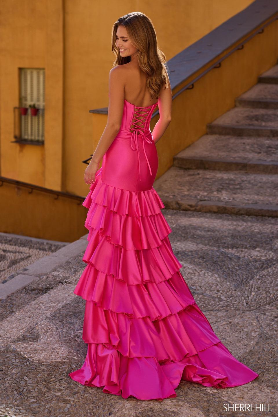 Sherri Hill Strapless Slinky Stretch Mermaid Gown With Corset Bodice Lace Up Back And Ruffle Skirt Slit