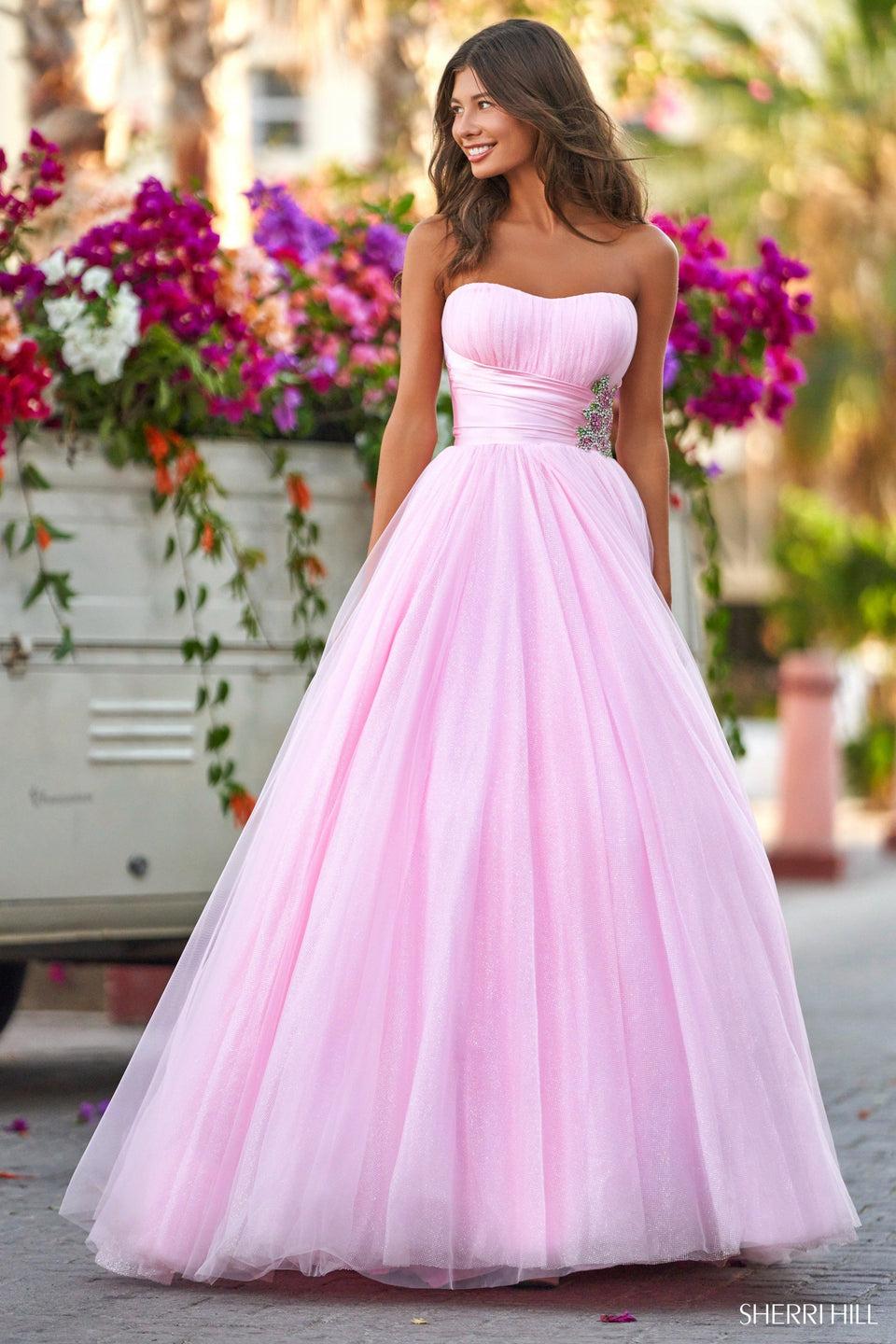 sherri hill Strapless sparkle tulle ballgown with silk wrapped bodice and beaded embellishments