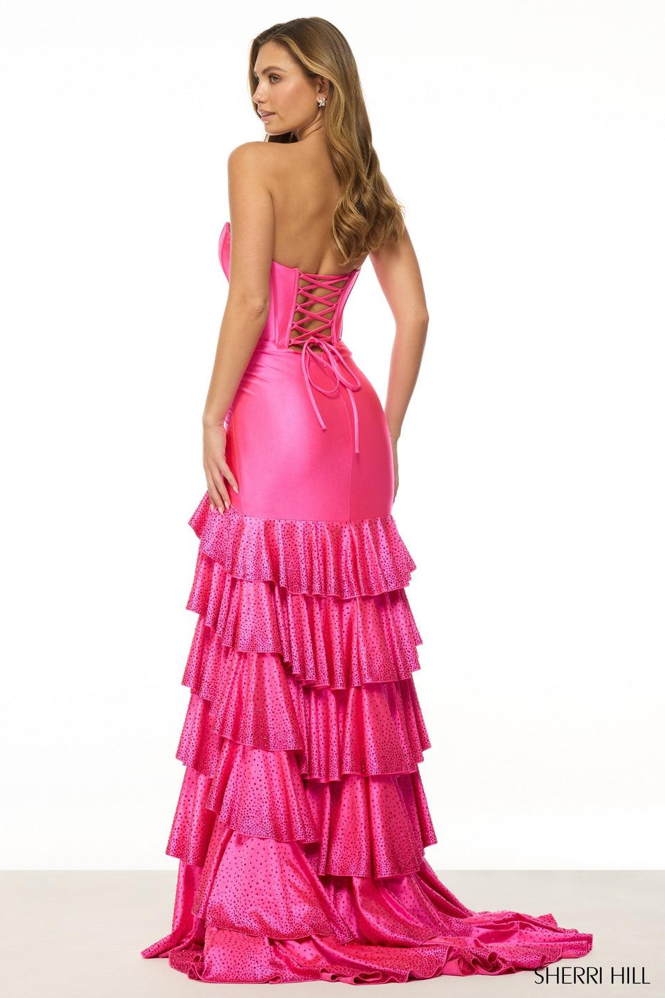 Sherri Hill Strapless Stretch Corset Gown With Lace Up Back And Ruffle Skirt Slit