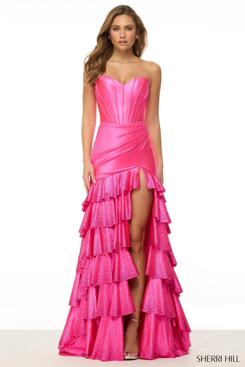 Sherri Hill Strapless Stretch Corset Gown With Lace Up Back And Ruffle Skirt Slit