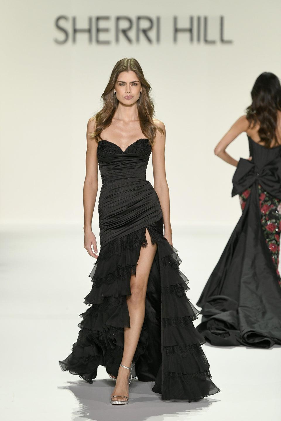 sherri hill Strapless stretch fitted ruched gown with lace ruffle skirt slit and lace up back