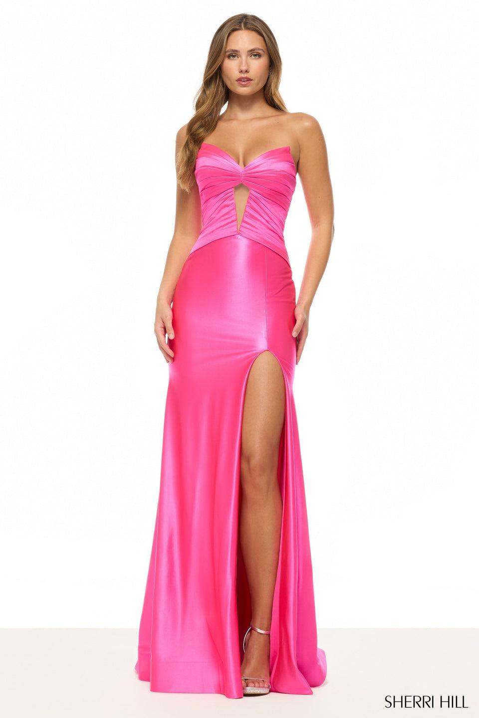 Sherri Hill Strapless Stretch Satin Gown With A Keyhole And A Skirt Slit