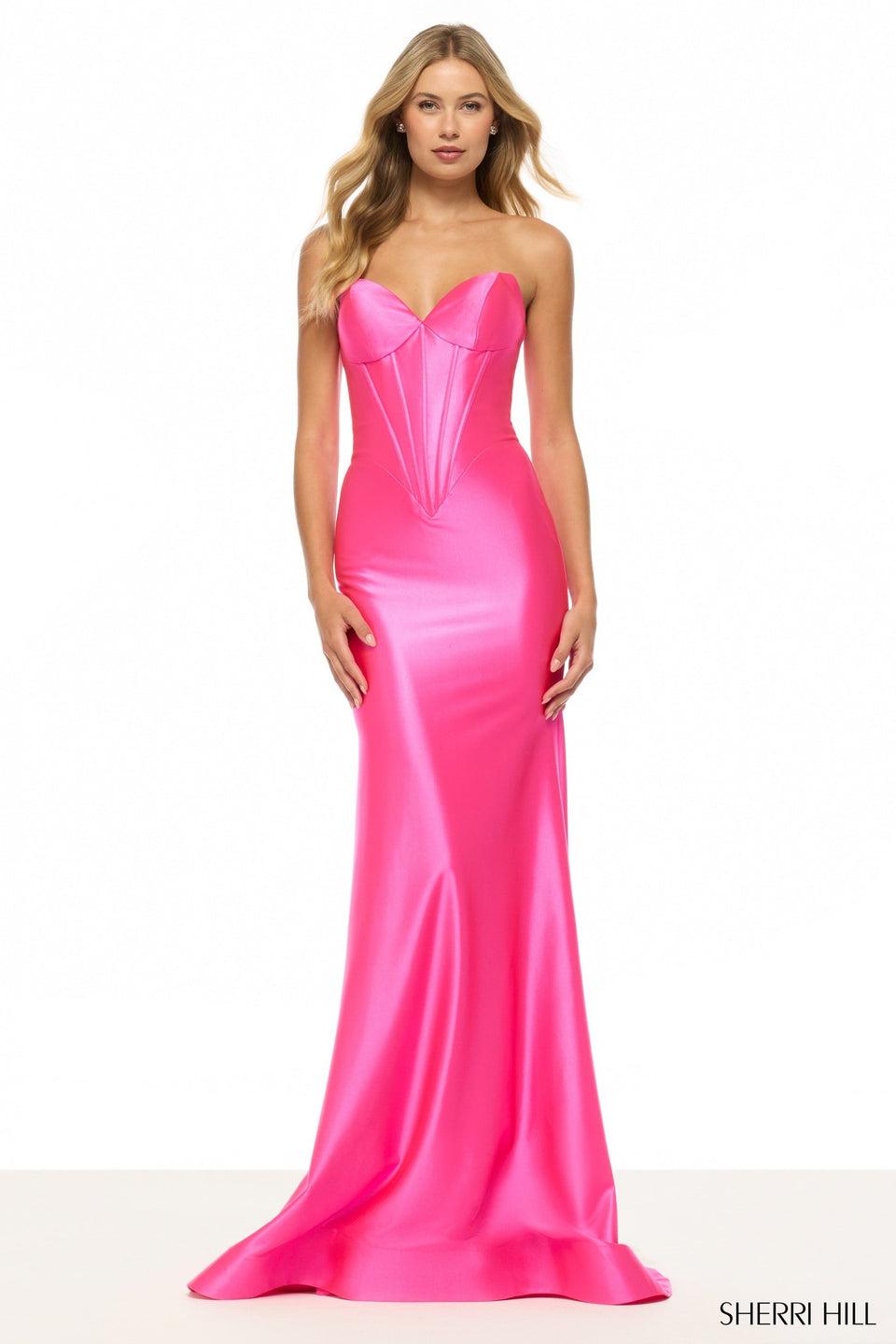 Sherri Hill Strapless Stretch Satin Gown With Corset Bodice