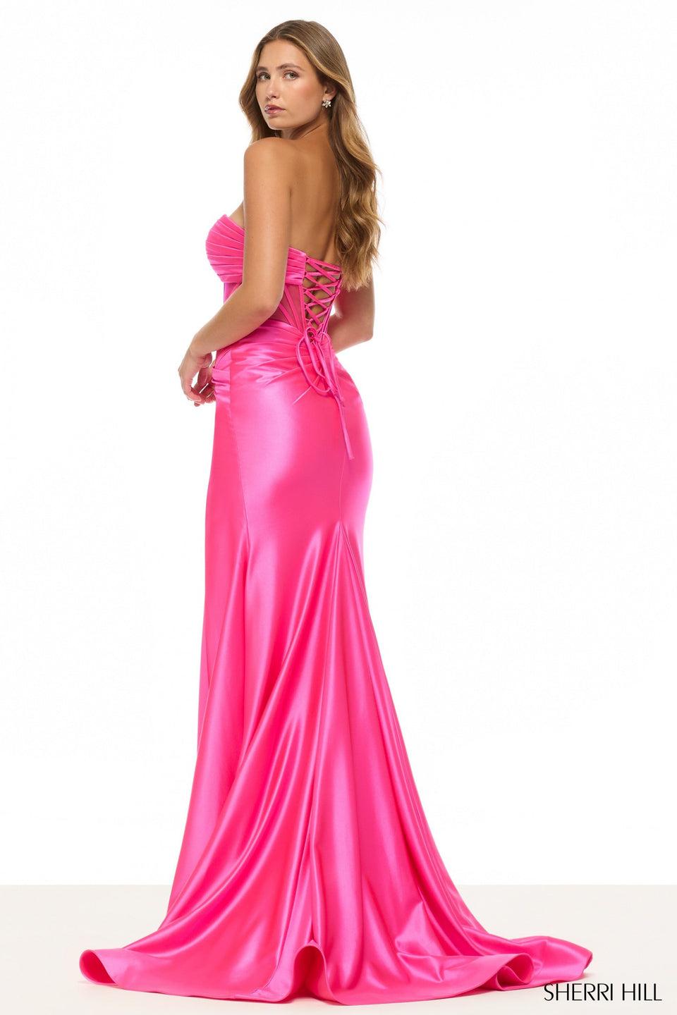 Sherri Hill Strapless Stretch Satin Gown With Sheer Corset Bodice And A Skirt Slit