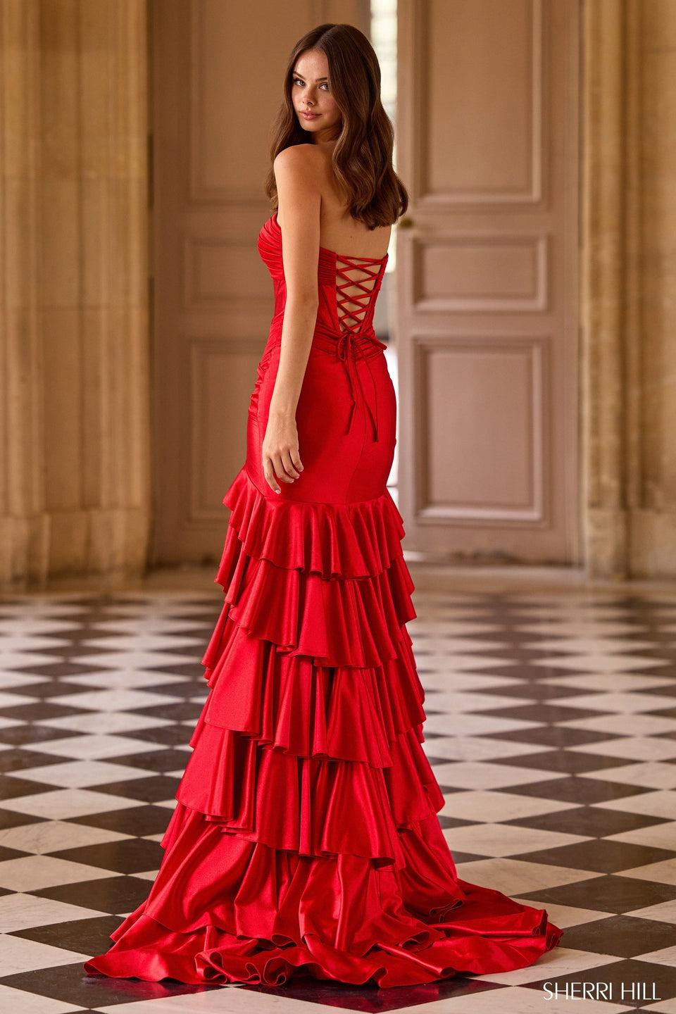 Sherri Hill Strapless Stretch Satin Mermaid Gown With Corset Bodice And A Ruffle Skirt With Slit