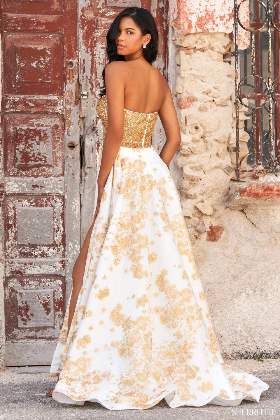 Sherri Hill Strapless Swarovski Beaded Bodice Ball Gown With Metallic Print And Skirt Slit