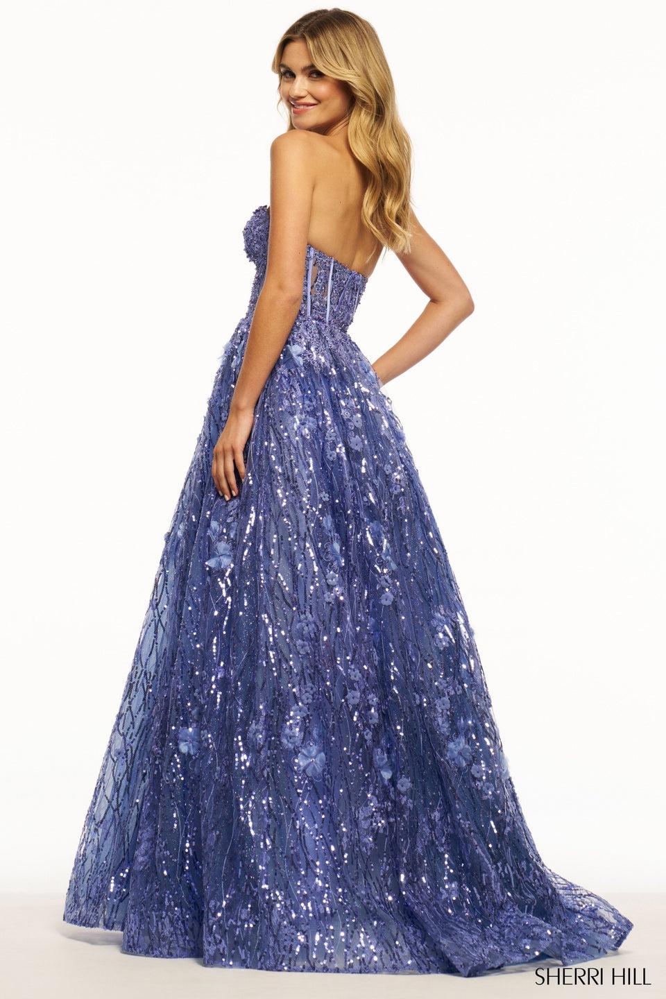 Sherri Hill Strapless Sweatheart Neckline Lace Ball Gown With Boned Bodice Corset And 3D Flowers