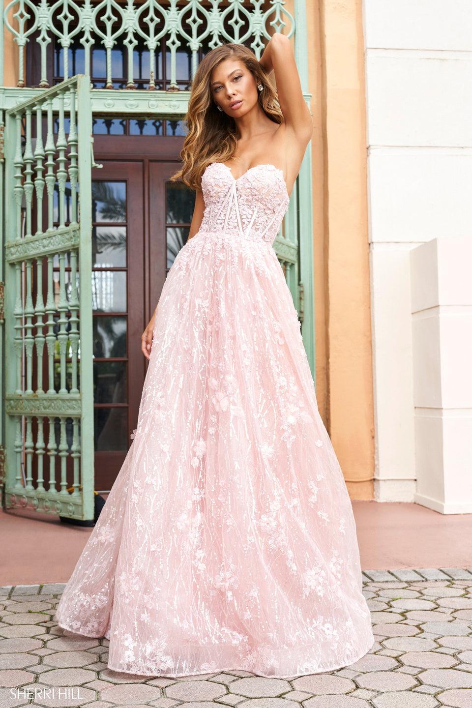 sherri hill Strapless sweatheart neckline lace ball gown with boned bodice corset and 3D flowers