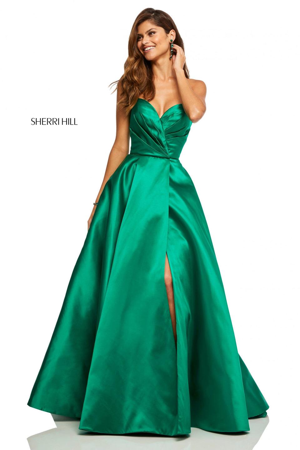 sherri hill Strapless sweetheart ball gown with a slit in the front